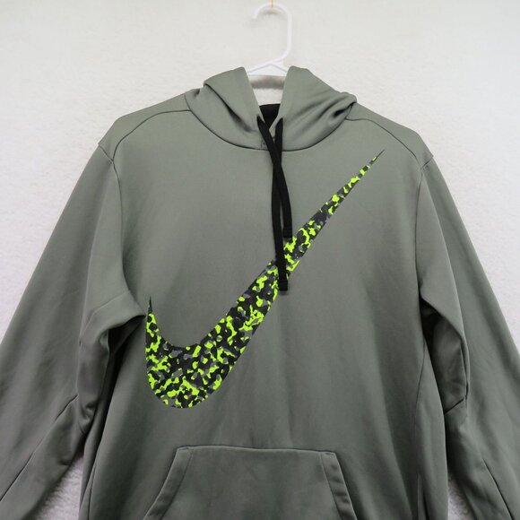 Nike Hoodie Mens Size Large Therma Fit Olive Green Neon Swoosh Logo Graphic - Picture 2 of 9